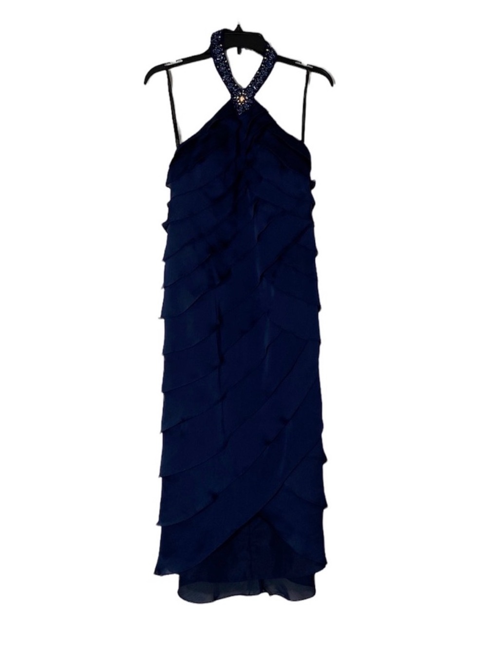 Social Occasions by Mon Cheri Navy Halter Beaded Layered Gown